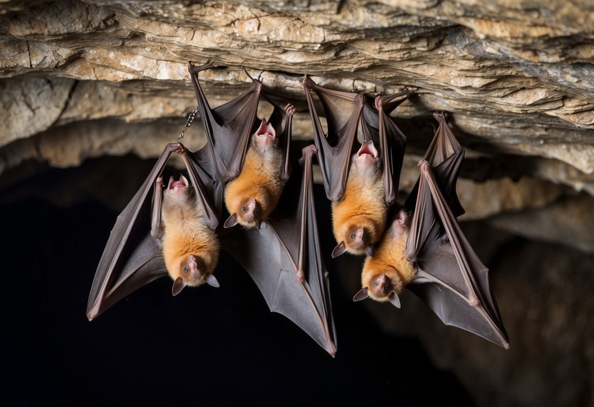 A group of bats flying and roosting together in a cave, with both male and female bats interacting and staying close to each other