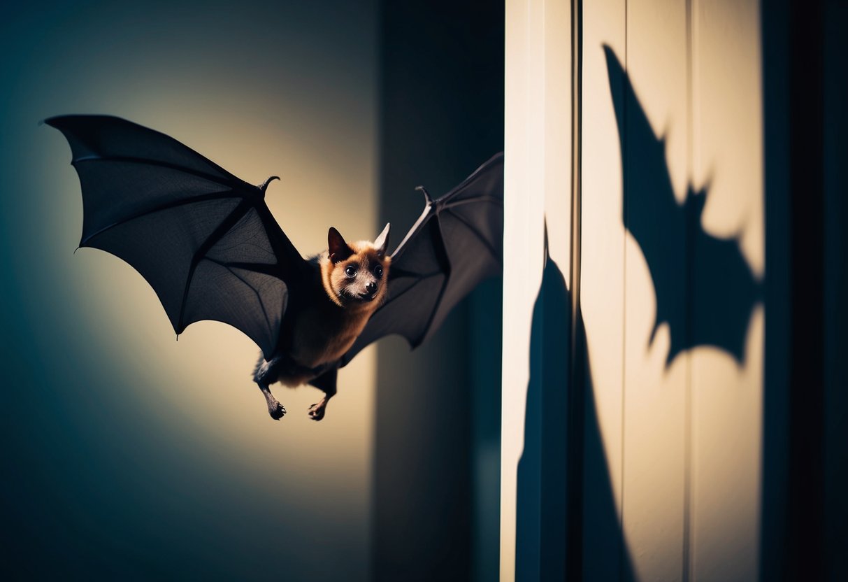 A bat flits around a dimly lit room, its wings casting shadows on the walls as it searches for an exit