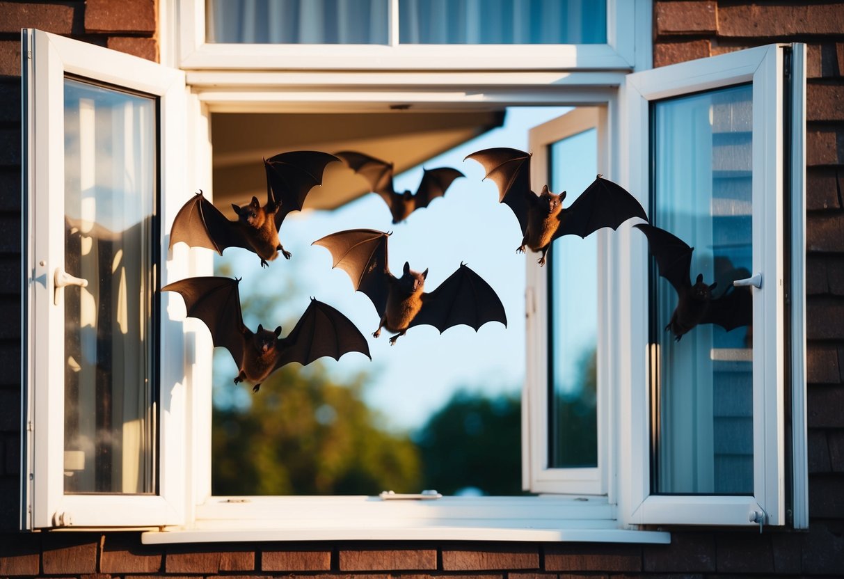 Bats flying out of an open window in a house