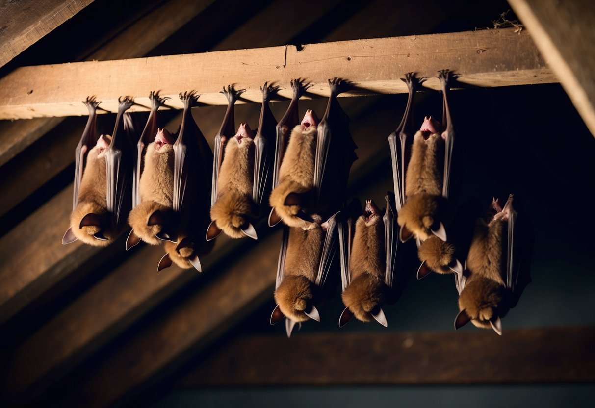 A colony of bats roosting in a dark attic, hanging upside down in clusters, with wings folded and ears alert