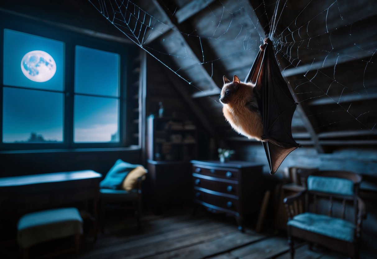 A bat roosts in a dark, cluttered attic, surrounded by spider webs and old furniture. Outside, the moon casts a dim glow through the window