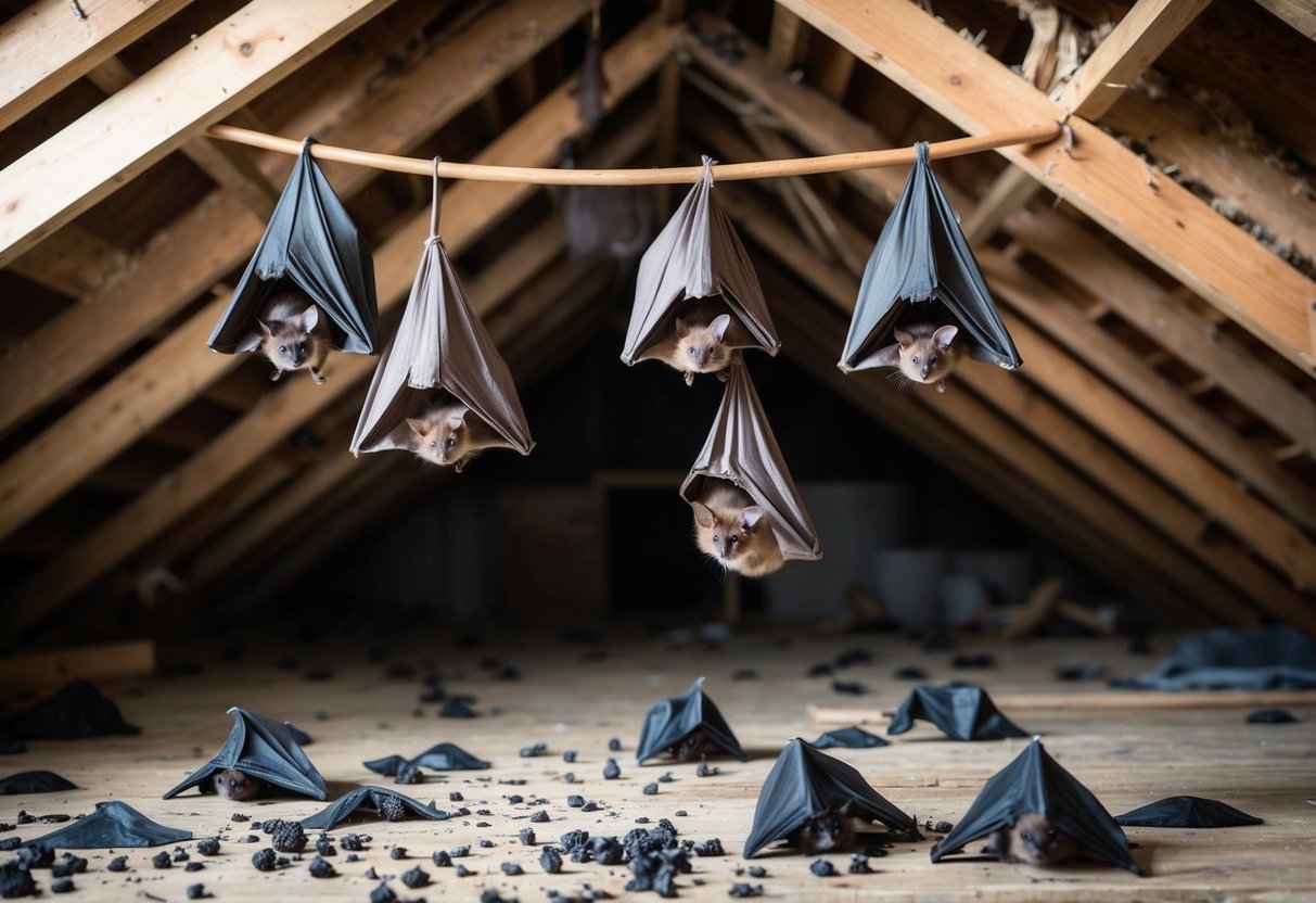 A bat colony hanging from the rafters of a deteriorating attic, with droppings scattered on the floor and evidence of structural damage