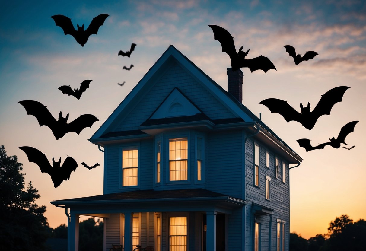 Bats flying around a house at dusk, with trees and a darkening sky in the background