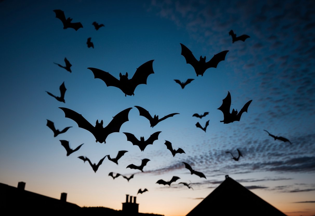 Bats circle around a house at dusk, silhouetted against the darkening sky as they dart and swoop in search of insects