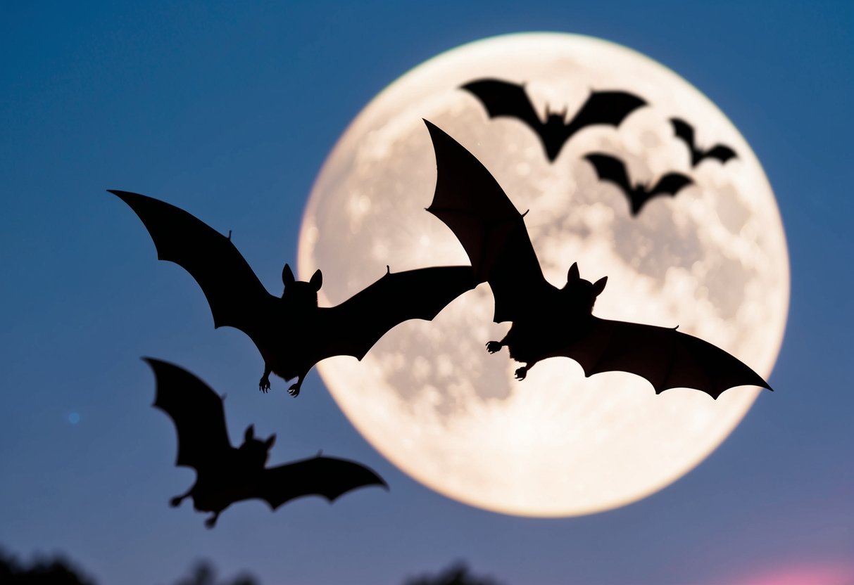 Bats flying through a night sky, silhouetted against a full moon