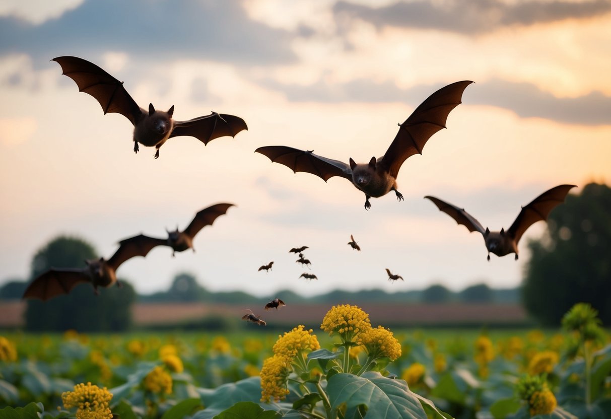 Bats flying above a farm, eating insects and pollinating plants