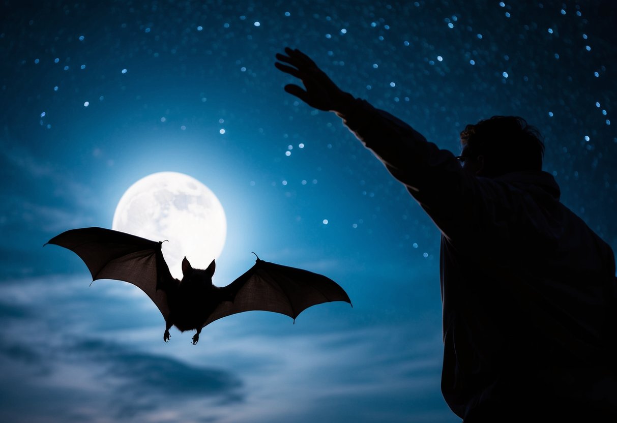 A bat hovers near a person, its wings outstretched. Moonlight illuminates the creature's silhouette against a starry sky