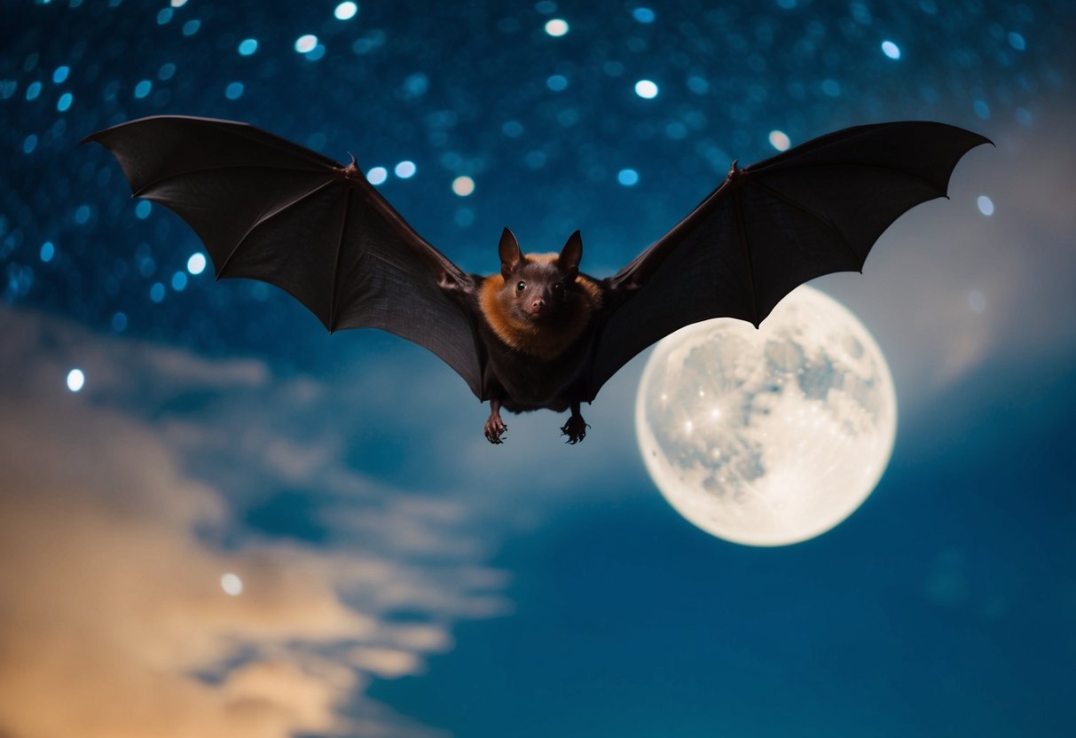 A bat swoops down, its wings outstretched, against a backdrop of a full moon and a starry night sky