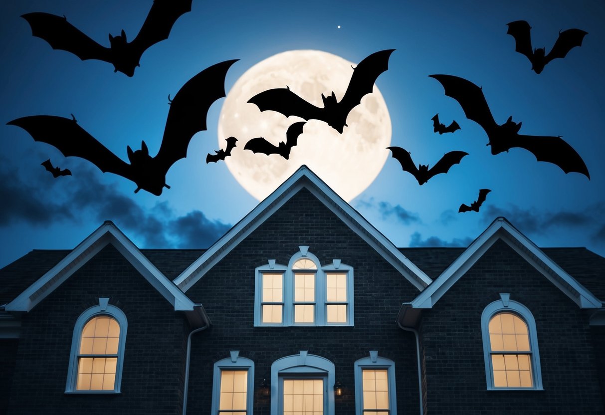 Bats swoop around a moonlit house, their wings casting eerie shadows