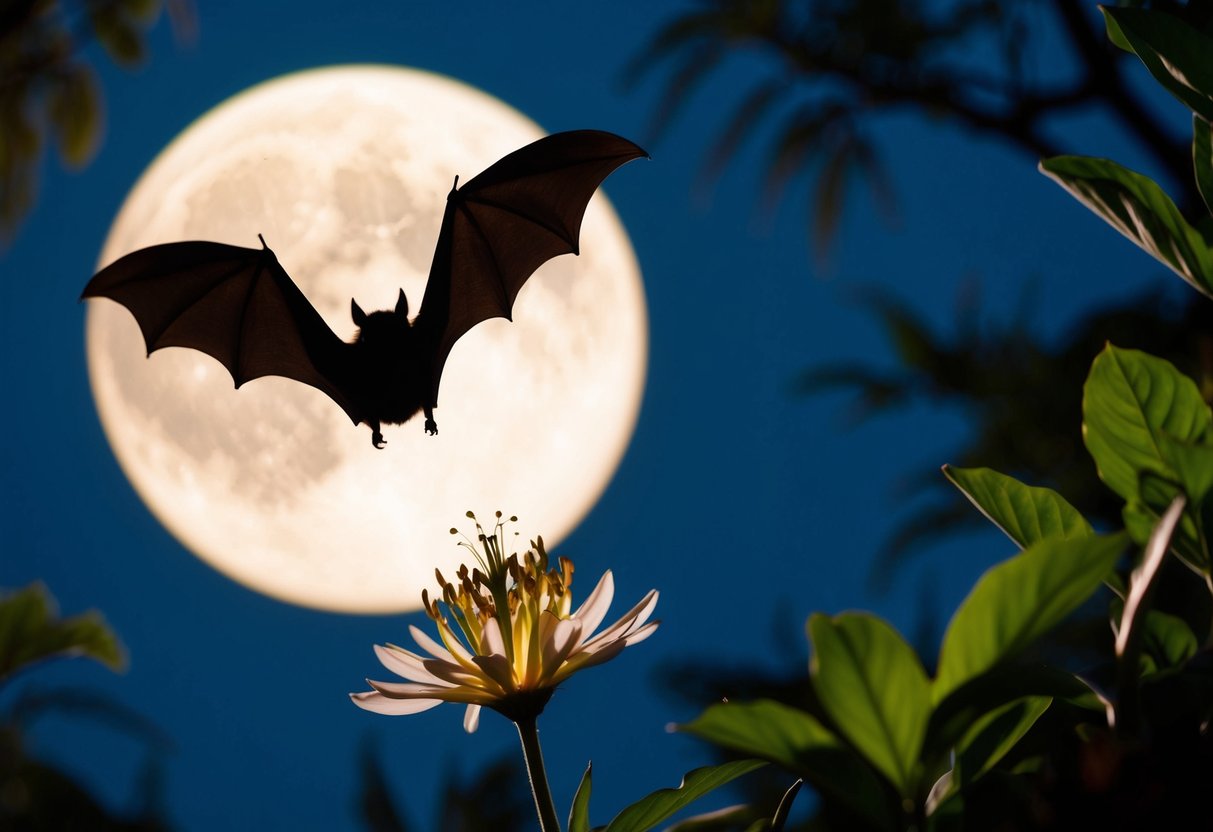 A bat hovers near a blooming night-blooming flower, its silhouette illuminated by the moon. The surrounding environment is lush and teeming with life
