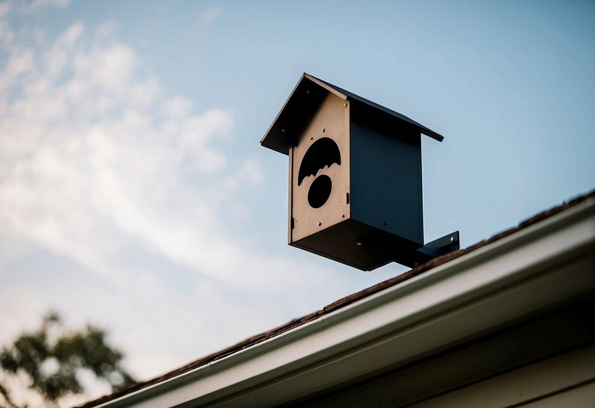 A bat house mounted on a house with a clear sky in the background