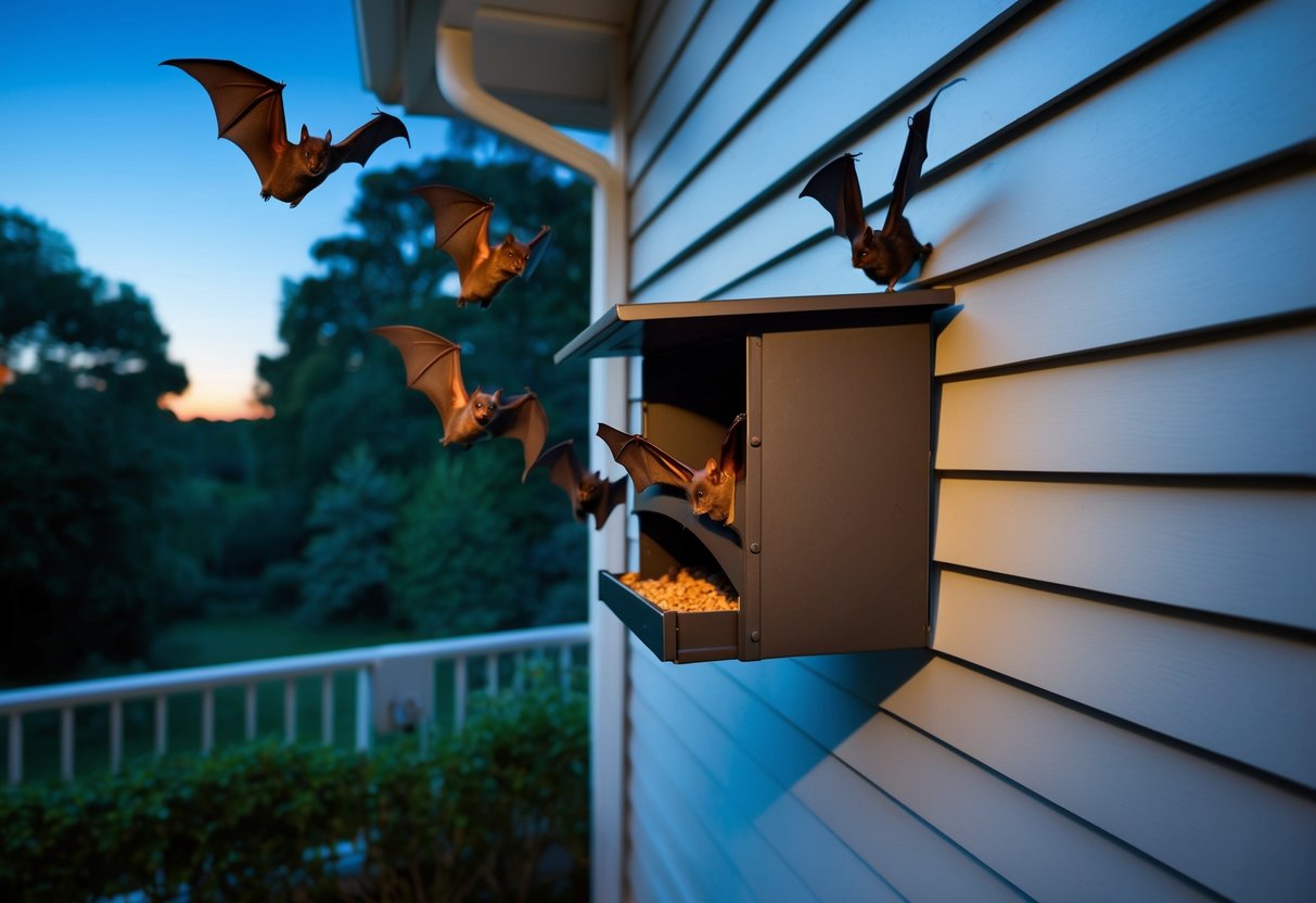 A bat house attached to the side of a house, with bats flying in and out at dusk. The house is surrounded by trees and has a clear view of the night sky