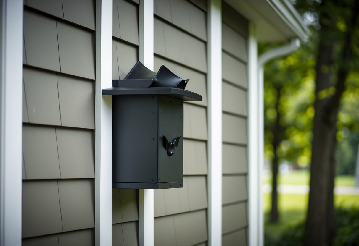 A bat house mounted on a sturdy, well-lit exterior wall of a house. Surrounded by trees and located away from heavy foot traffic