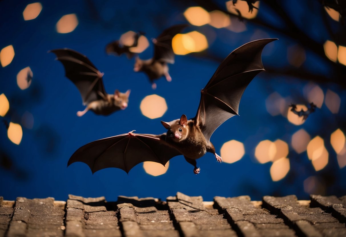 Bats flying out of a gap in the roof at night