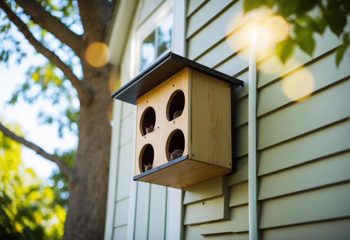 A bat house is mounted on the side of a house, positioned high in a sunny spot away from trees. The house is securely fastened and maintained regularly