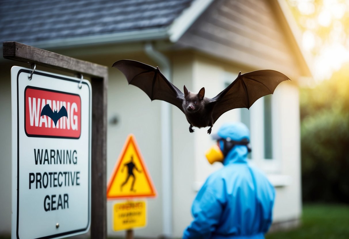A bat flying near a house with a warning sign and a person wearing protective gear