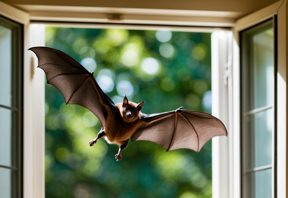 A bat flying inside a house with open windows and a peaceful coexistence with humans