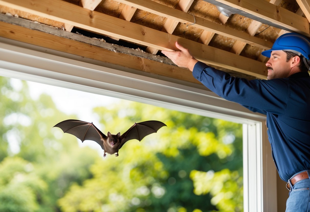 A bat flying out of an attic as a person seals up a hole in the roof