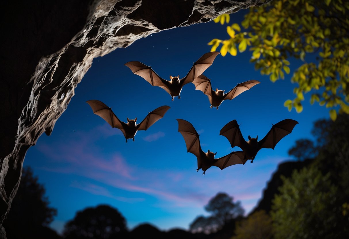 A group of bats flying out of a dark cave at dusk, with trees and foliage in the background