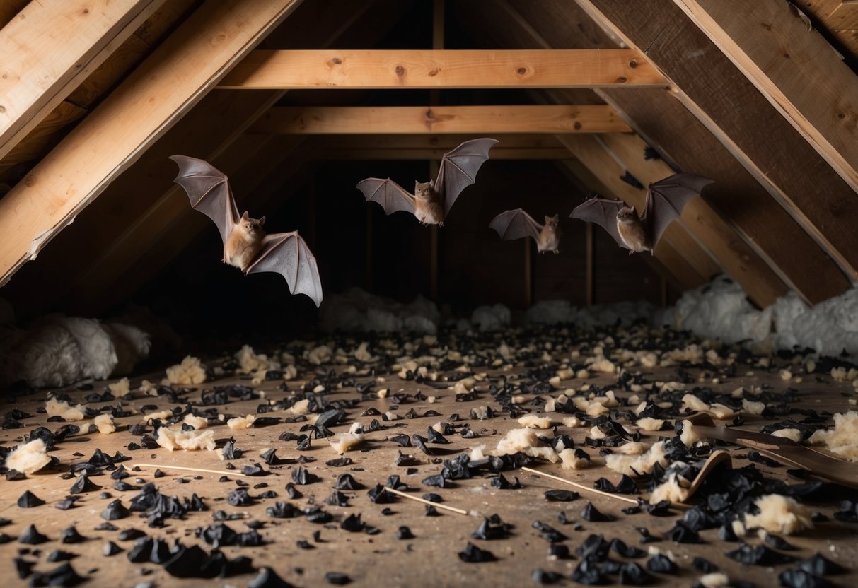 A dimly lit attic with scattered droppings, torn insulation, and fluttering wings as bats cling to rafters