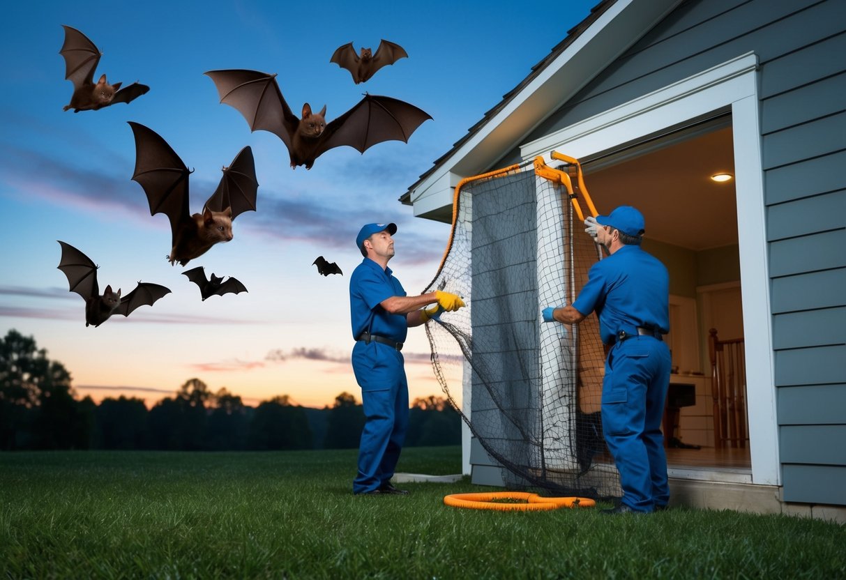 A group of bats flying out of an attic at dusk, while a pest control worker sets up a net to block their entry