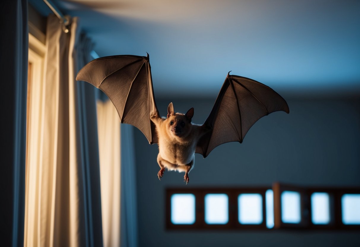 A bat flutters inside a dimly lit bedroom, perched on a curtain or ceiling, with open windows or doors allowing an escape route