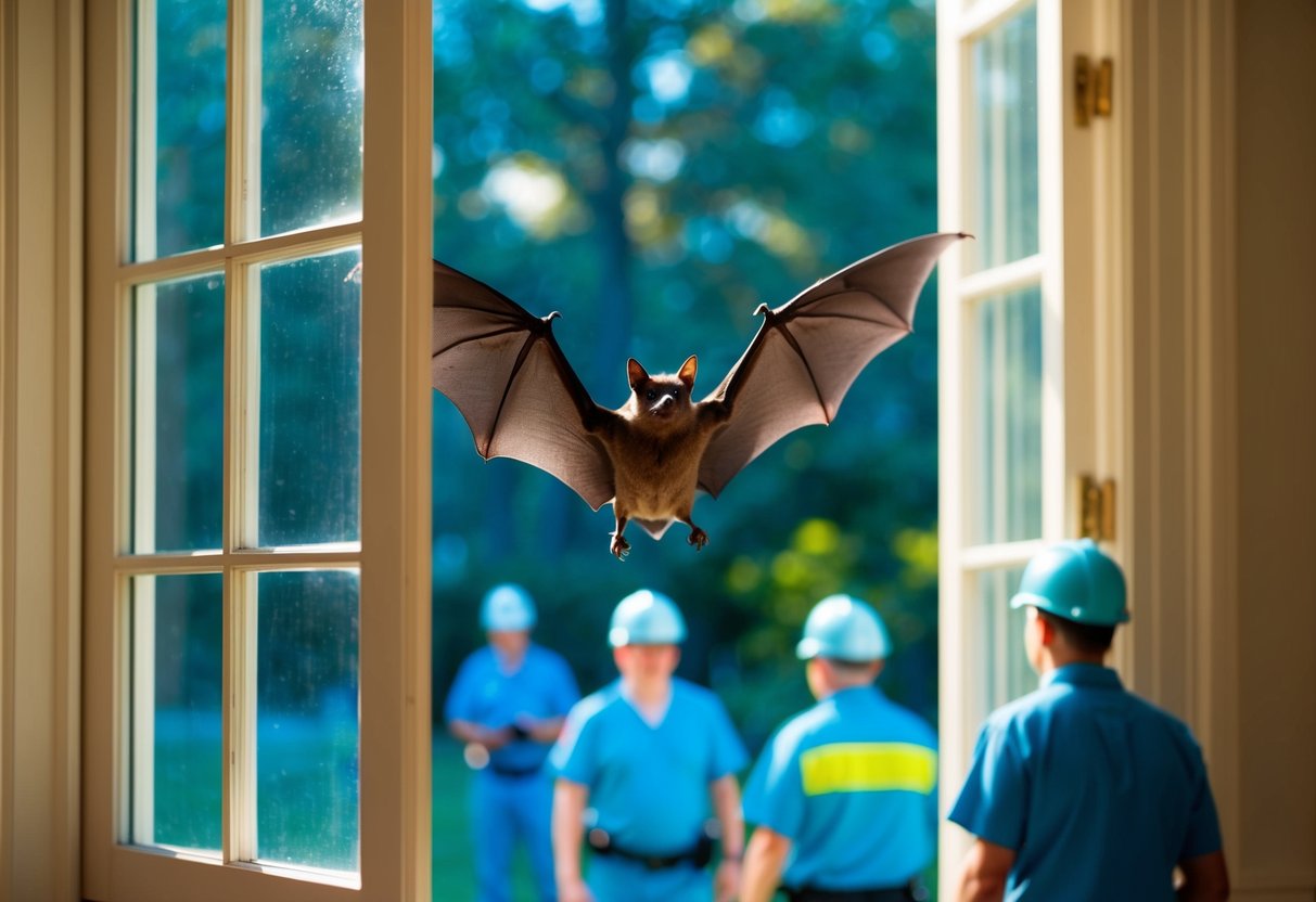A bat flies through an open bedroom window, with a professional removal team and public health resources on standby