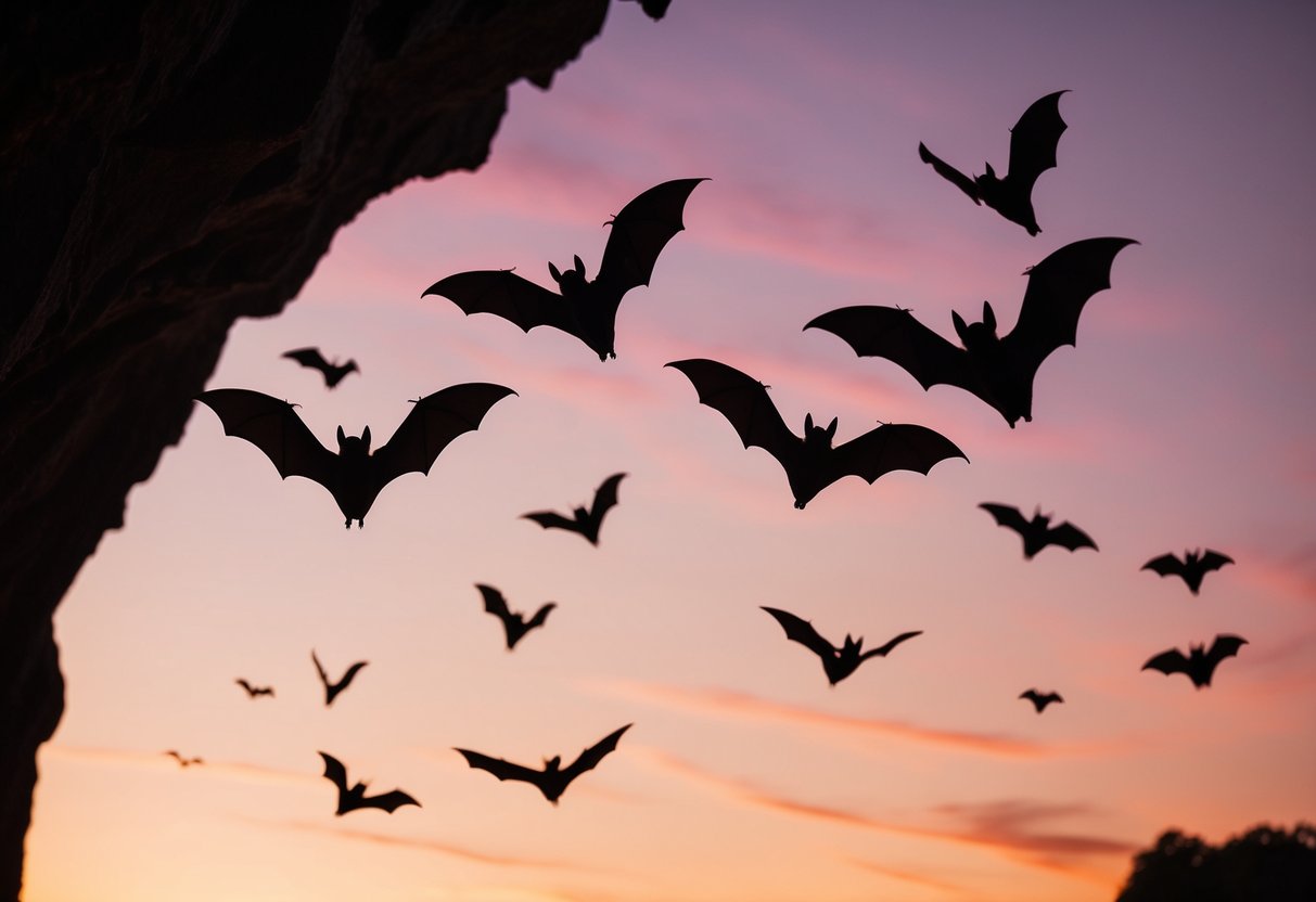 Bats flying out of a dark cave at dusk, silhouetted against the orange and pink sky
