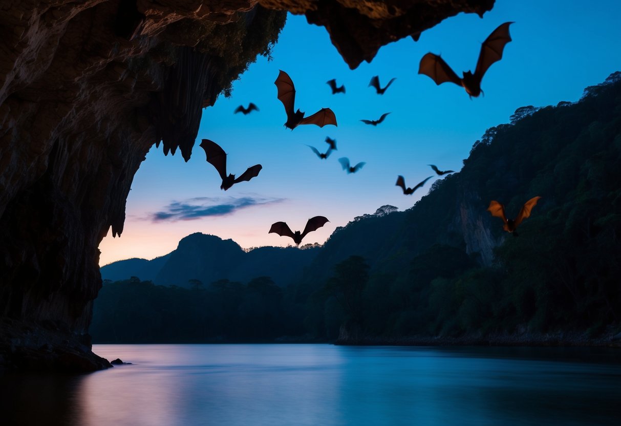A dark cave with bats flying out at dusk