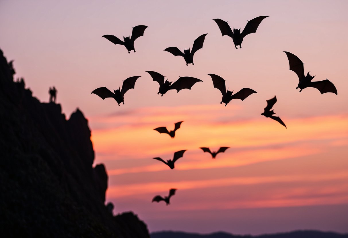 A group of bats flying out of a cave at dusk, silhouetted against the orange and pink sky