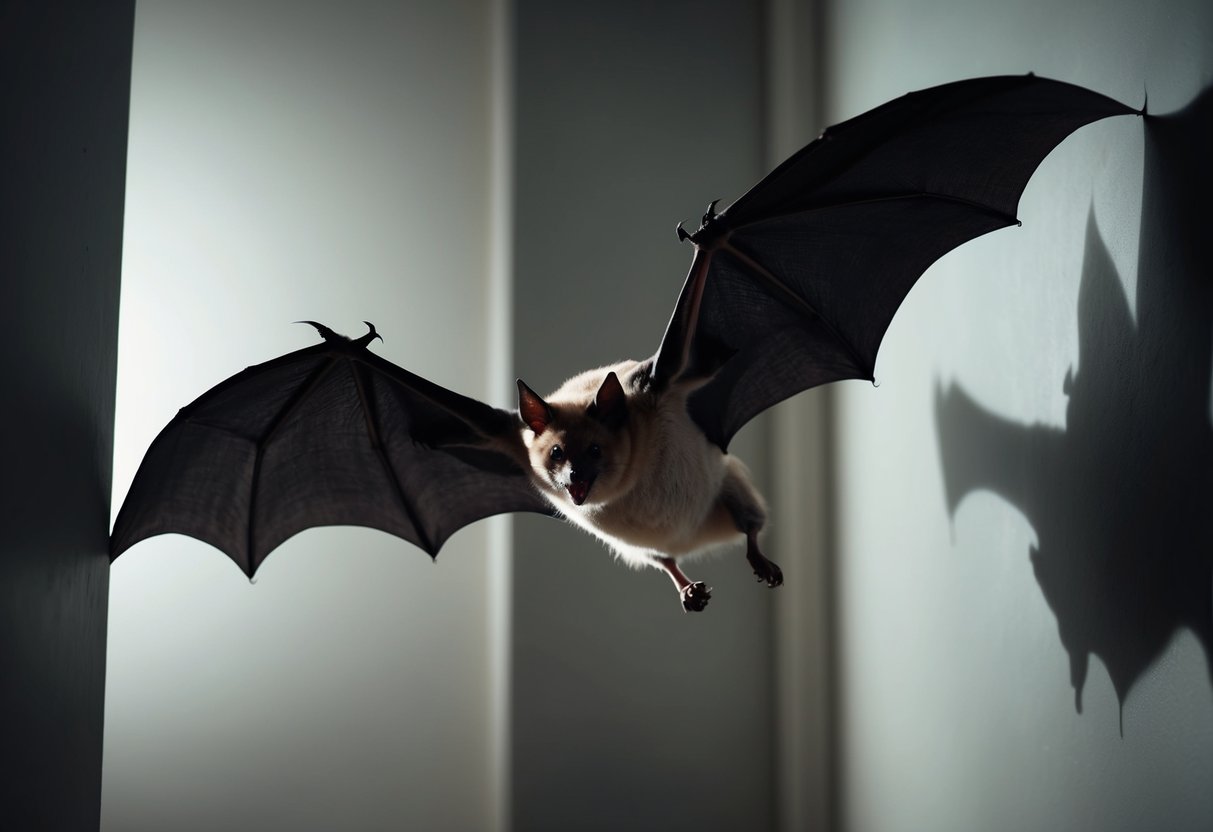 A bat swoops through a dimly lit room, its wings casting eerie shadows against the walls as it searches for an exit