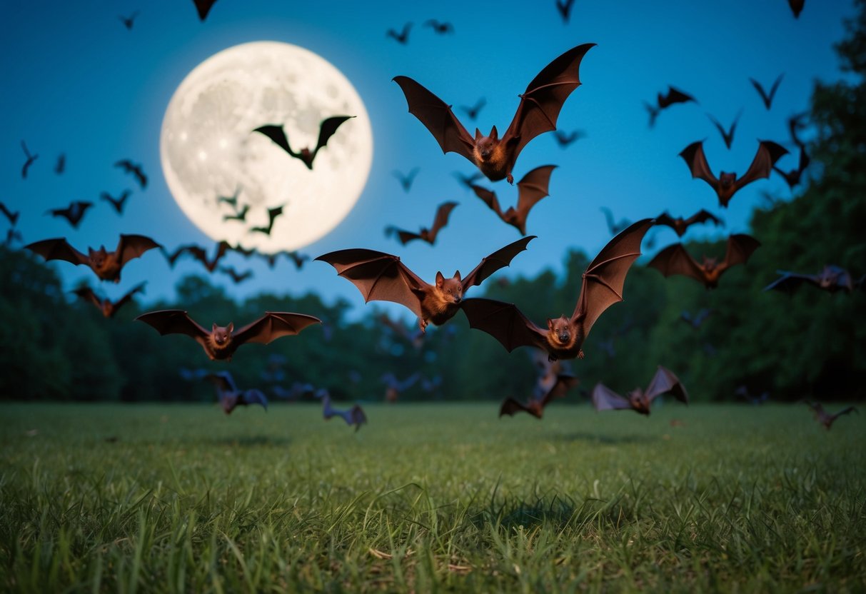 Bats swarm around a moonlit forest clearing