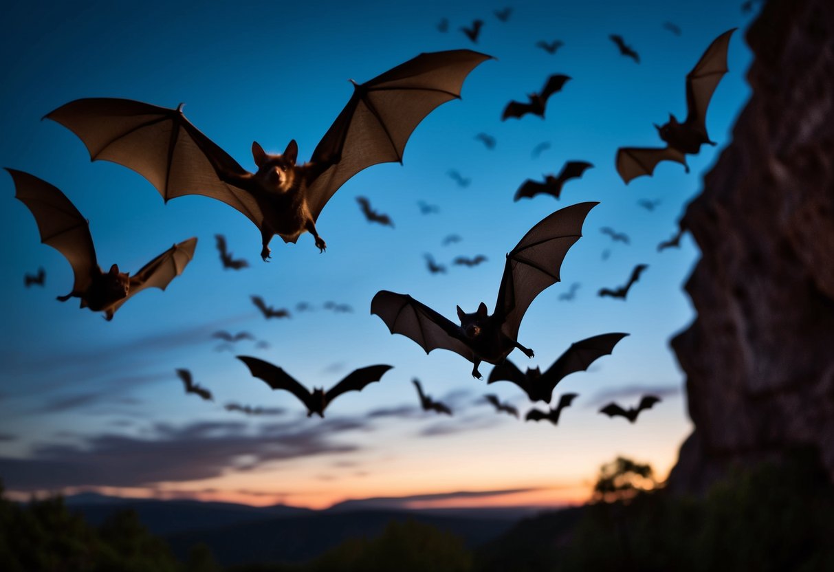 Bats emerge at dusk from a dark, cave-like habitat, flying in erratic patterns as they hunt for insects in the night sky