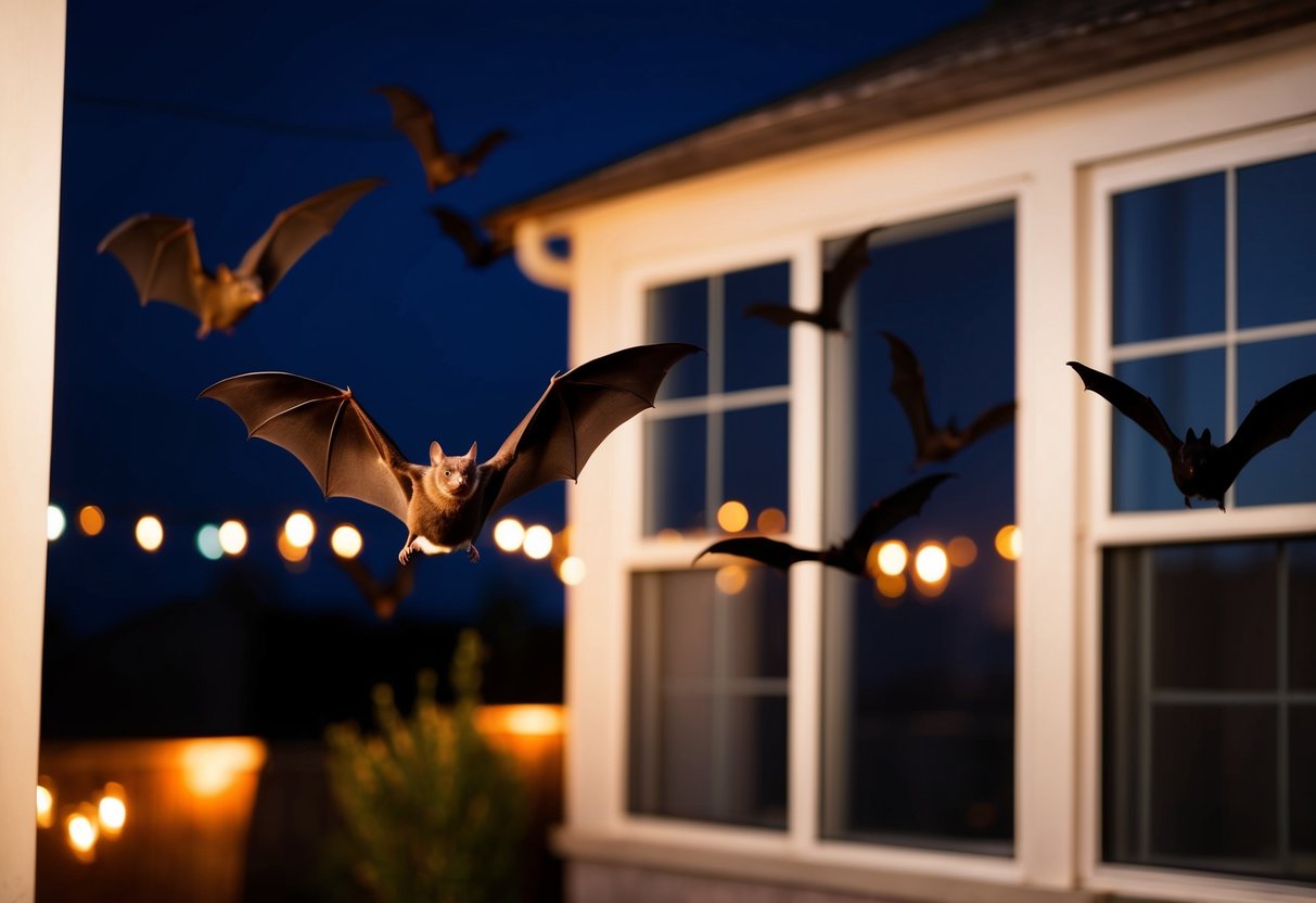Bats fly towards illuminated windows and outdoor lights at night