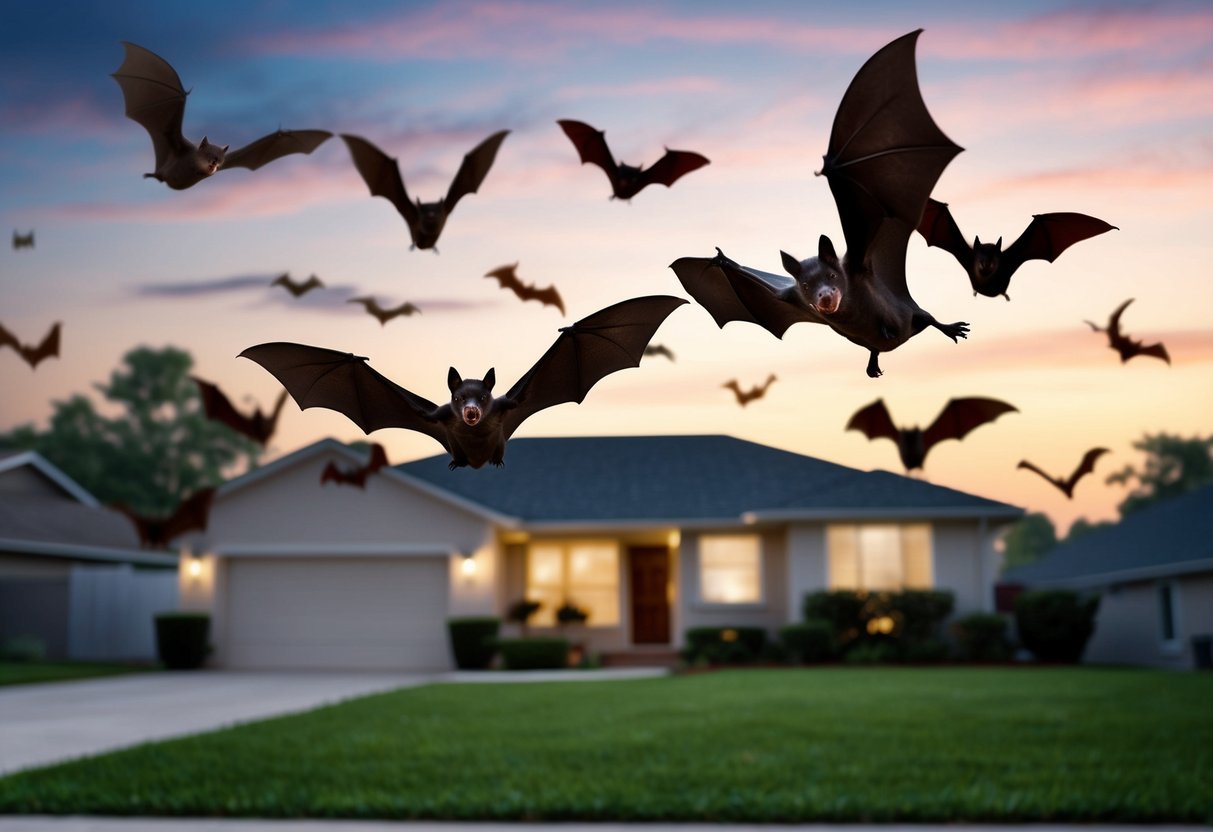 Bats flying around a suburban house at dusk