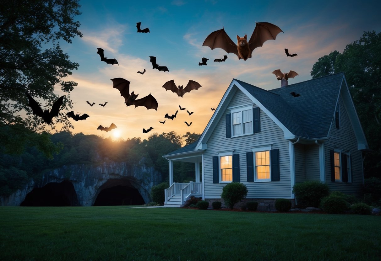 Bats flying around a house at dusk, with trees and a cave nearby