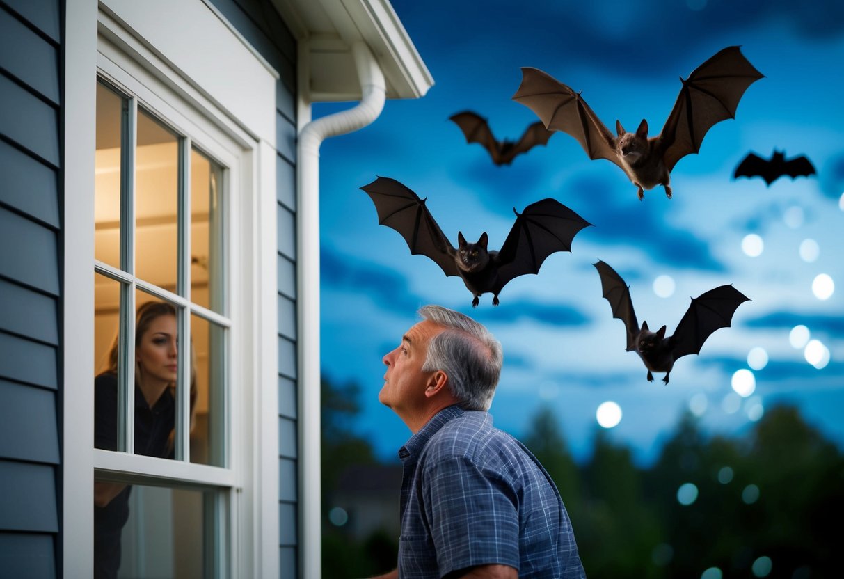 Bats flying around a house at night, with a concerned homeowner looking out from a window