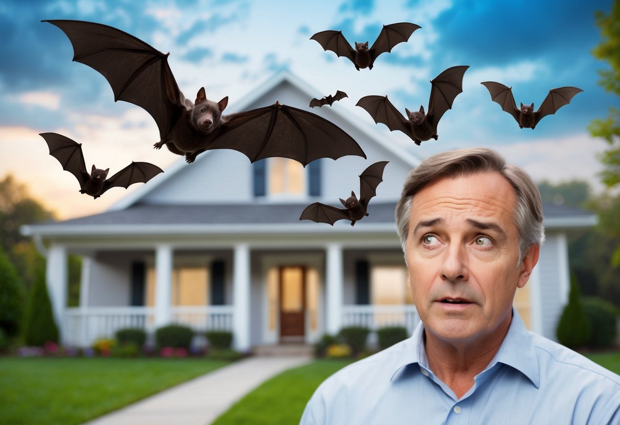 Bats flying around a house with a worried expression on the homeowner's face