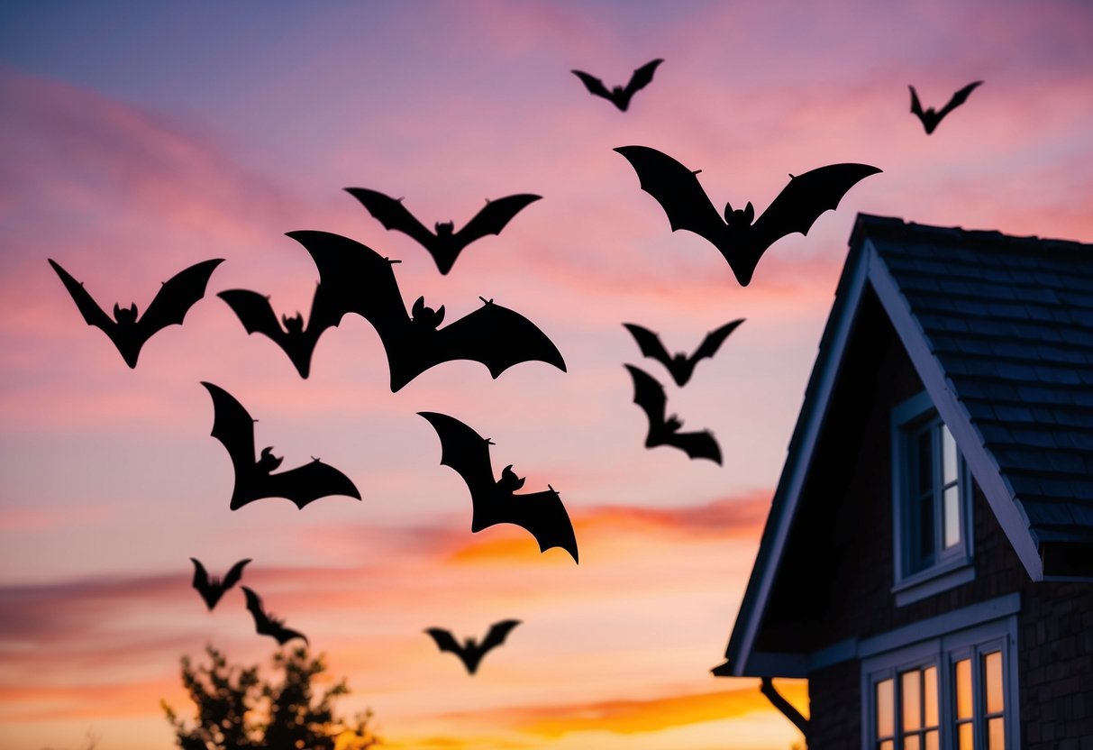 Bats fly around a cozy house at dusk, silhouetted against the orange and pink sky
