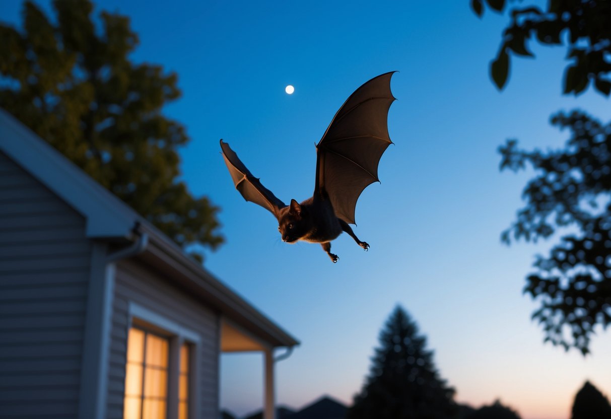 A bat flying near a house at dusk, with trees and a clear evening sky in the background