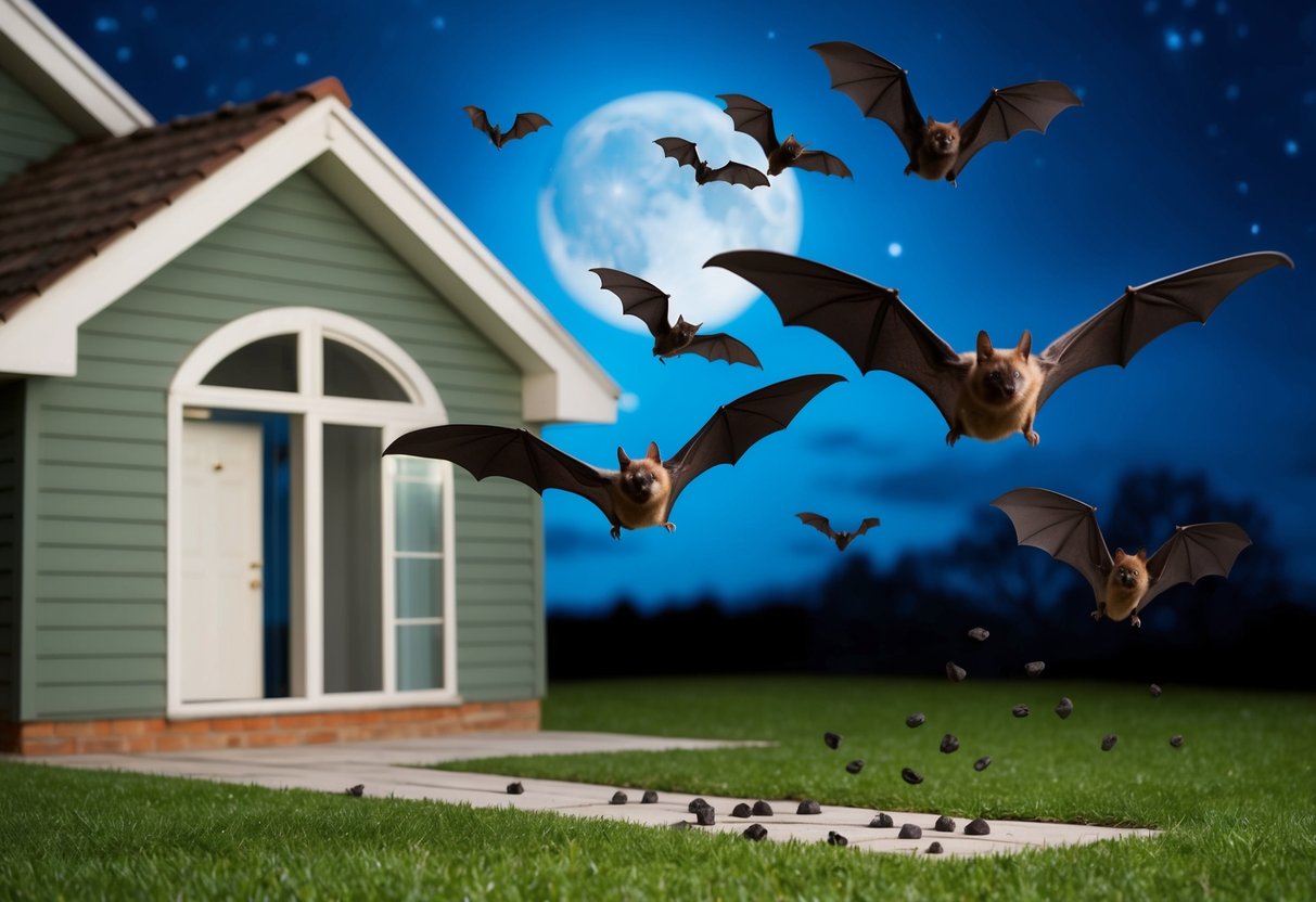 Bats flying around a house at night, roosting in the attic, and leaving droppings on the roof and ground