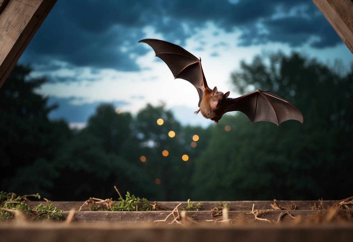 A bat flying out of a roost in an old attic, surrounded by trees and a darkening sky