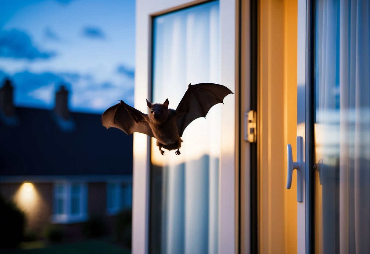 A bat flying out of an open window in a UK house at dusk