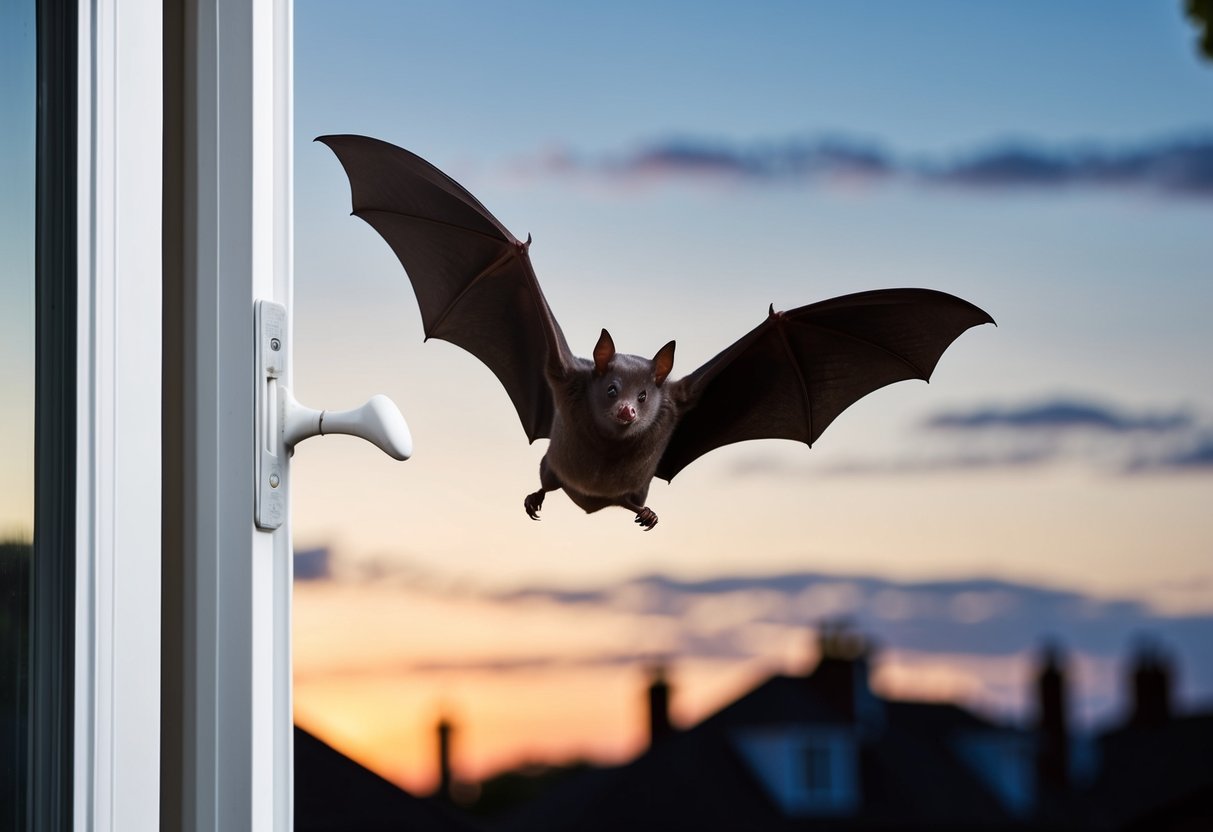 A bat flying out of an open window at dusk in a UK home