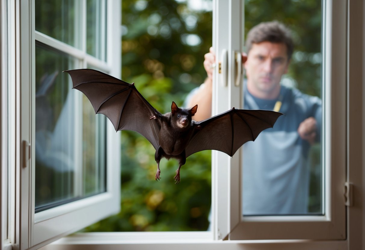 A bat flies out of an open window in a UK home, while a person closes the window behind it