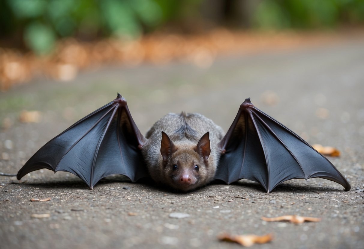 A bat lying on the ground, wings spread, looking weak or injured