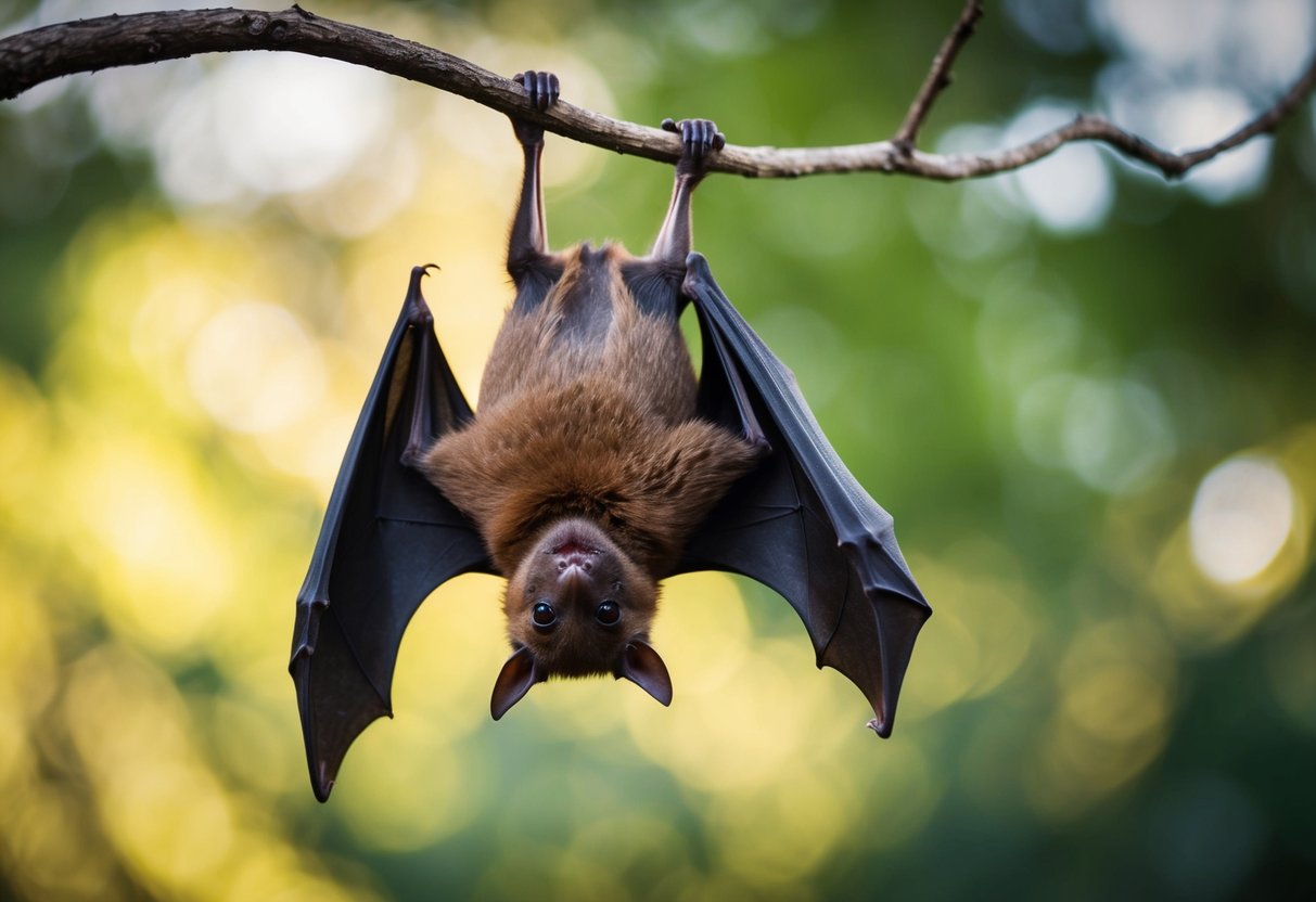 A bat hanging upside down, wings drooping, head tilted, and emitting distressed high-pitched squeaks