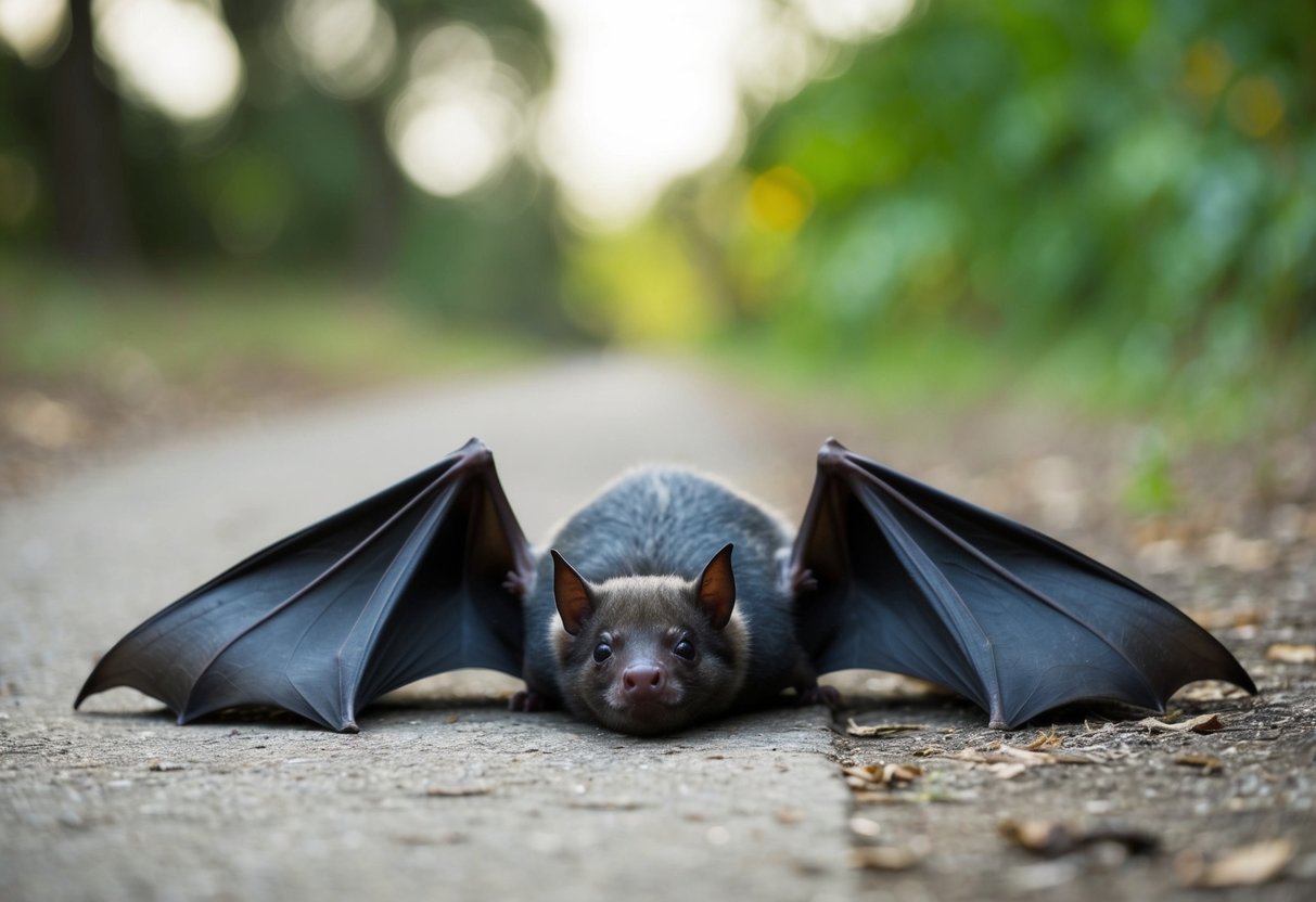 A bat lying on the ground, wings spread, looking weak and disoriented
