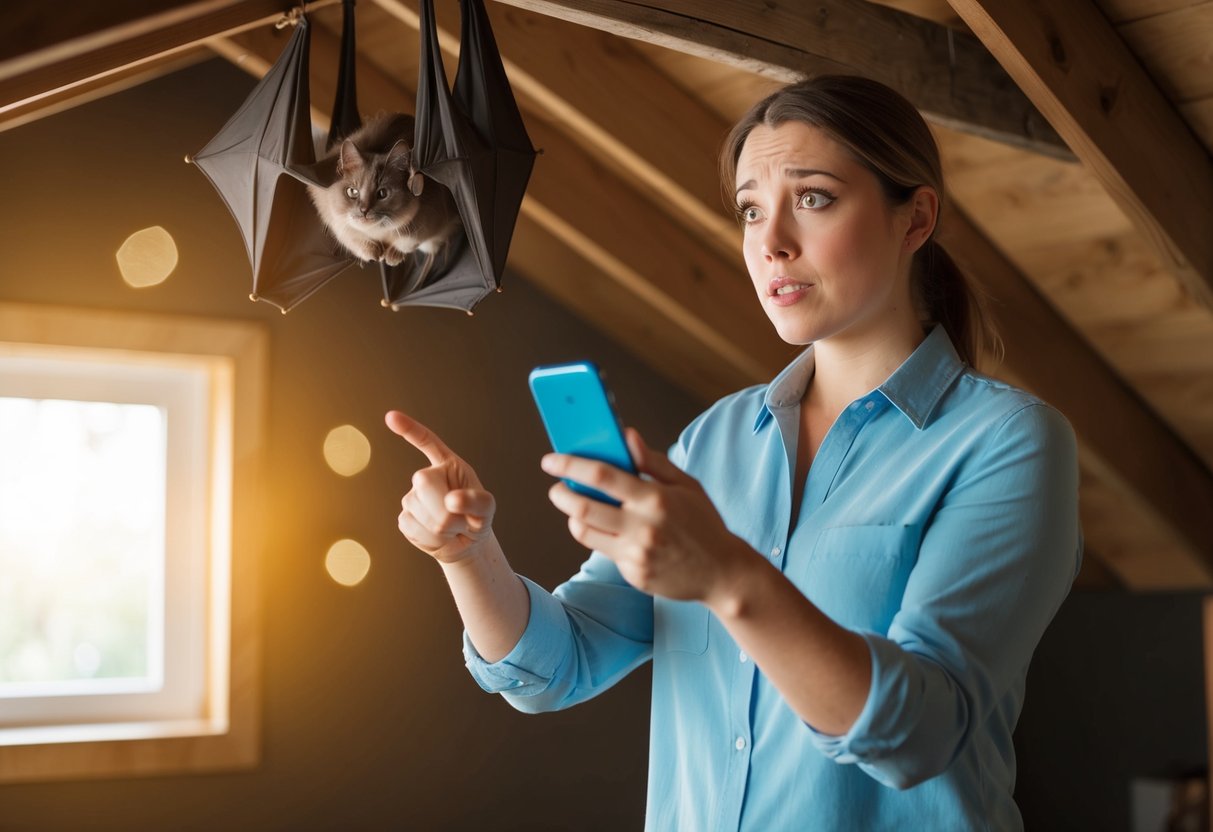 A person pointing towards a bat roost in an attic, with a concerned expression on their face, while holding a phone to report the sighting