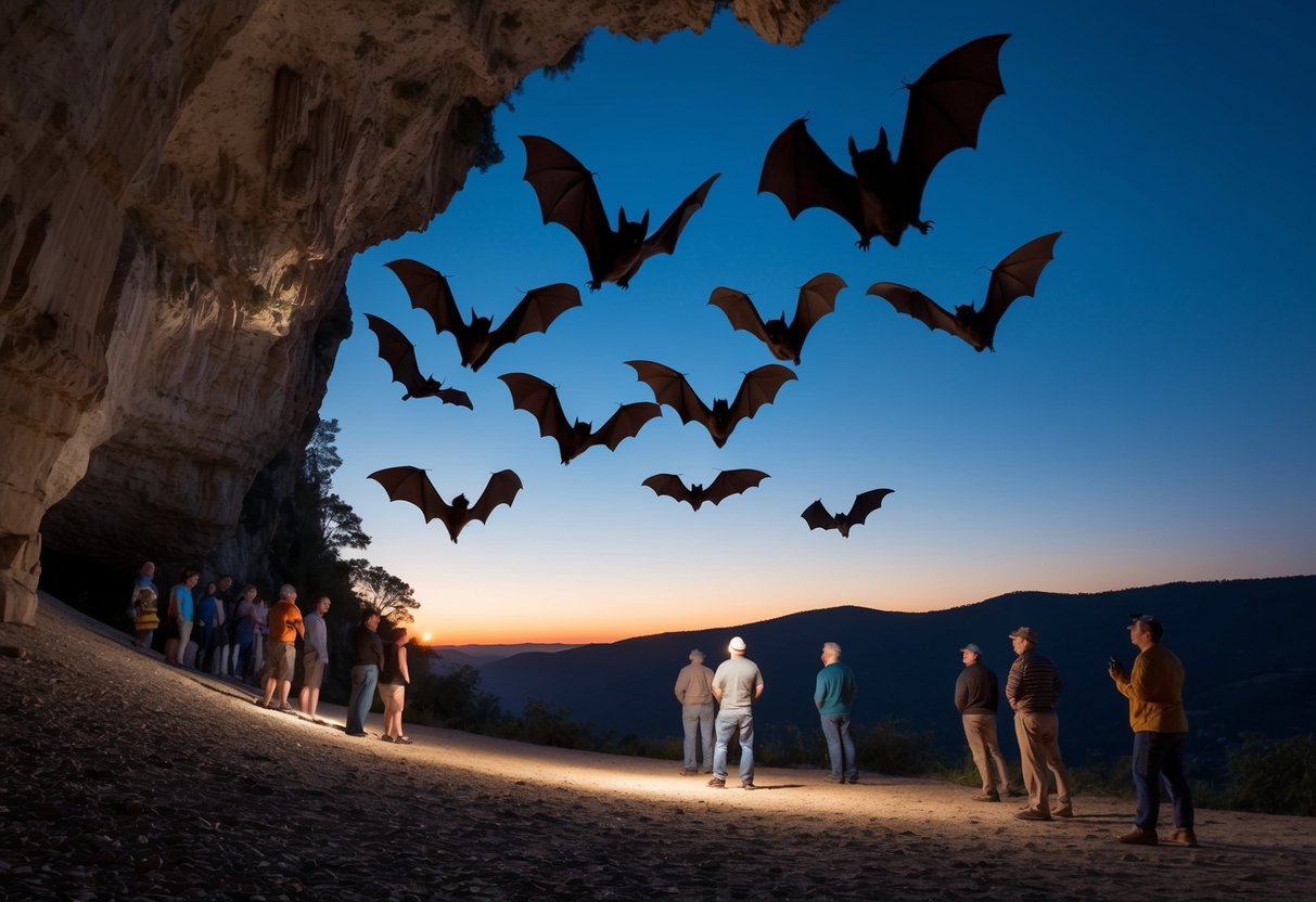 A group of bats flying out of a cave at dusk, while people watch from a safe distance